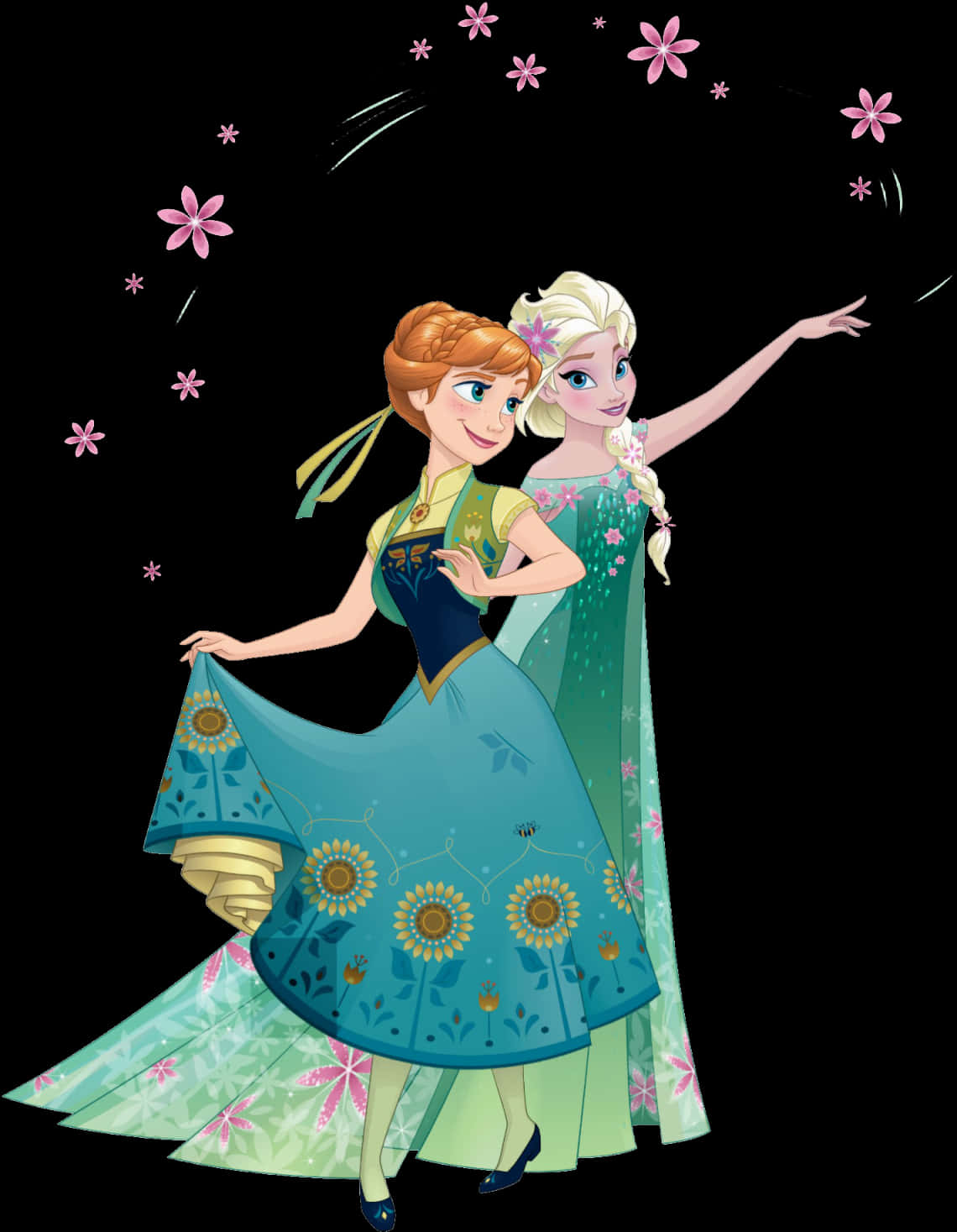 Elsaand Anna Frozen Sisters Floral Background PNG Image