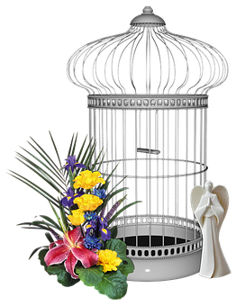 Empty Birdcagewith Flowersand Angel Figurine PNG Image