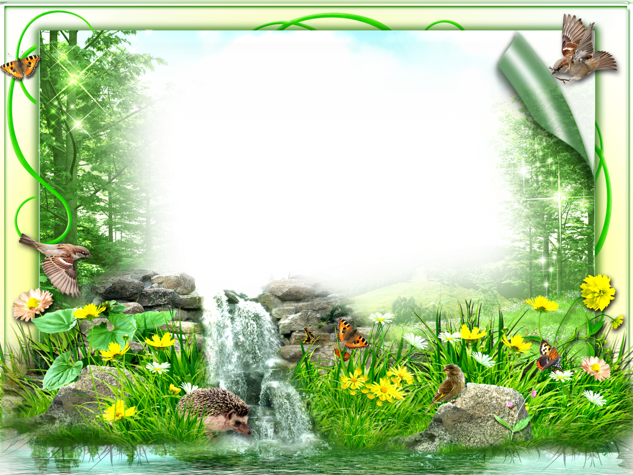 Enchanted Forest Waterfall Frame PNG Image