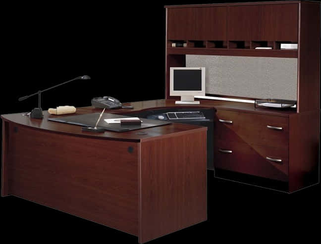 Executive Wooden Desk Setup PNG Image