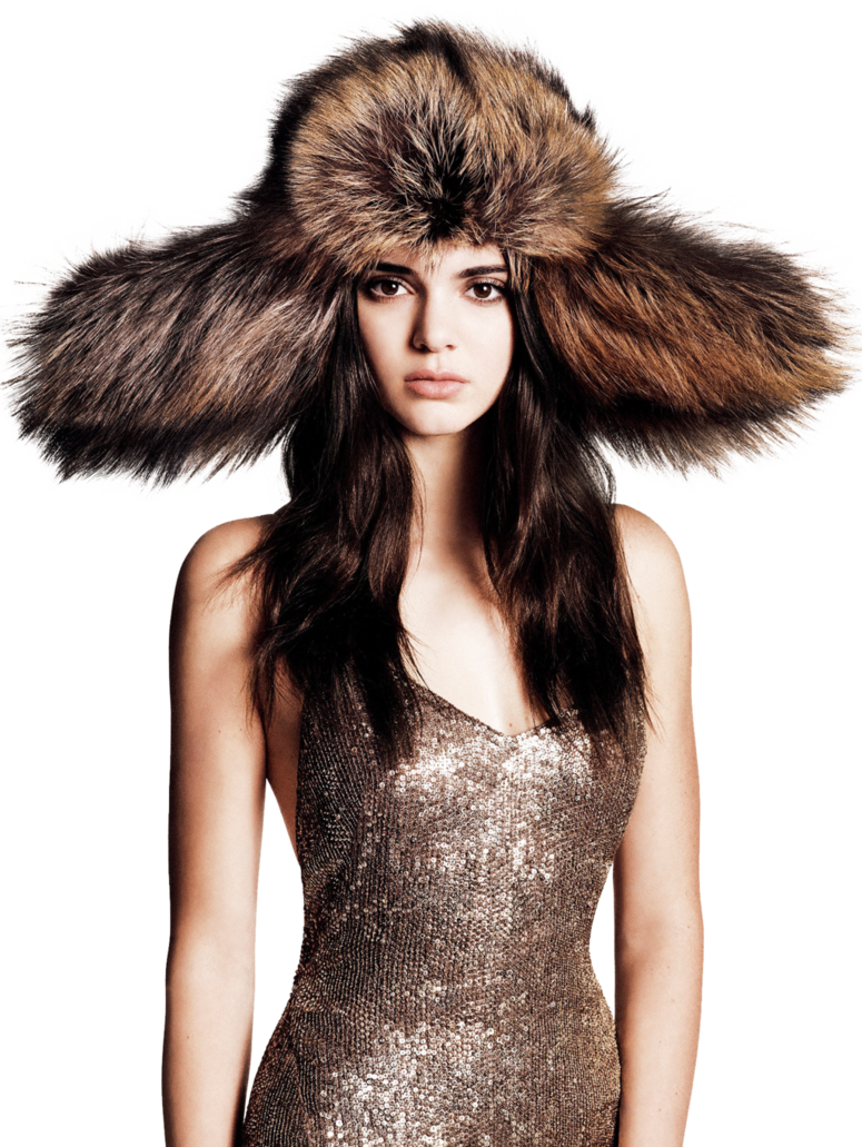 Fashion Model Golden Dress Large Fur Hat PNG Image