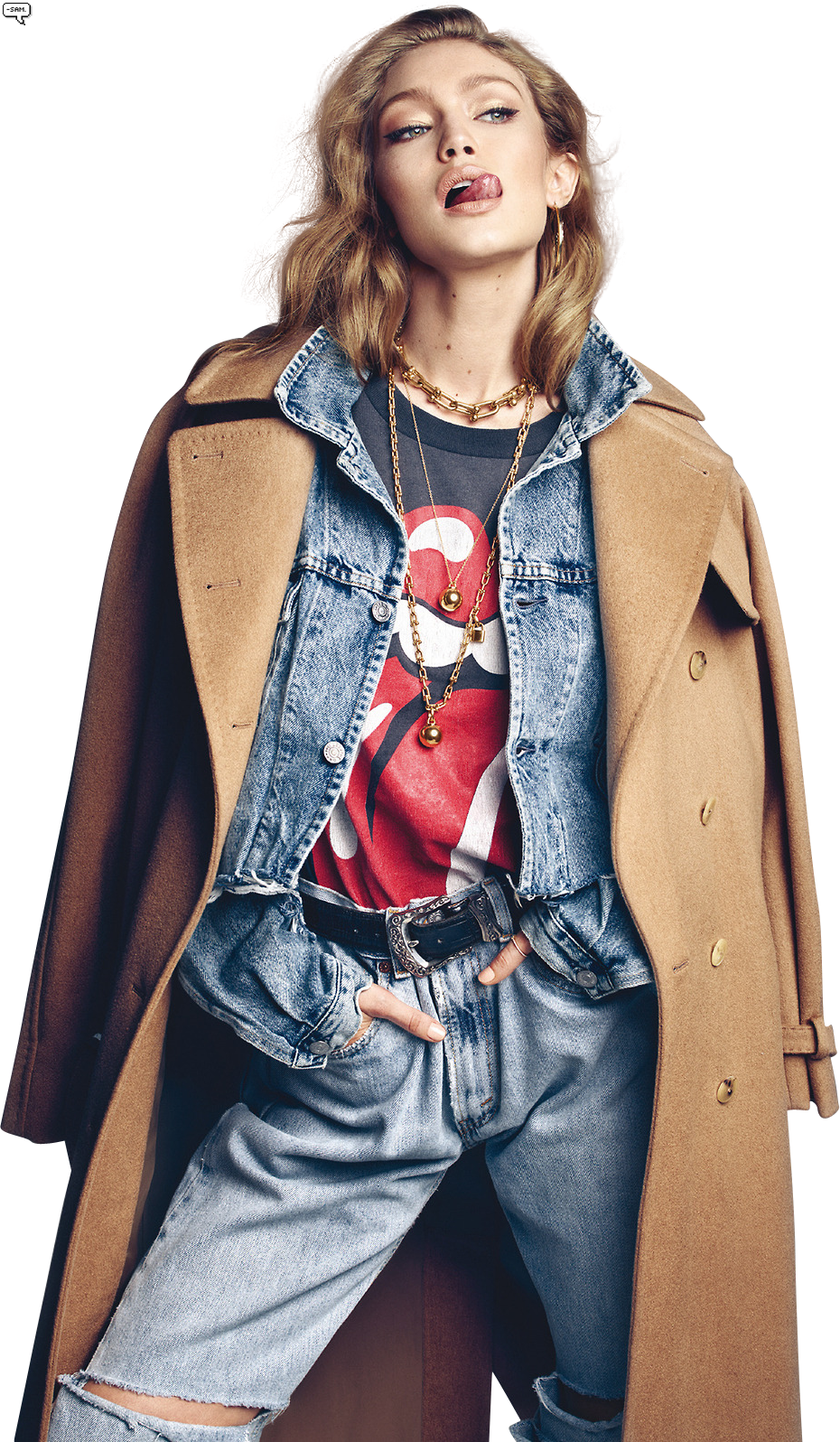 Fashionable Denim And Trench Coat Look PNG Image