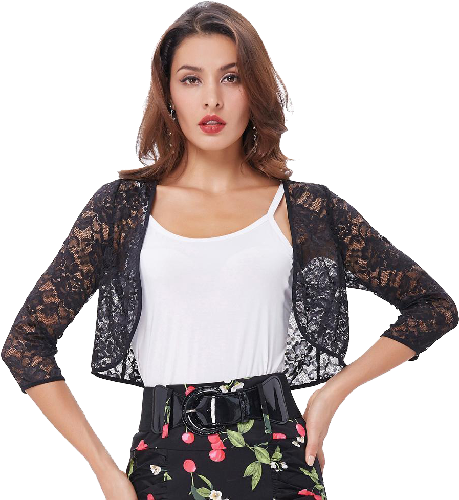 Fashionable Womanin Lace Cardigan PNG Image