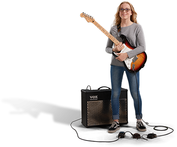 Female Guitarist With Amplifier PNG Image