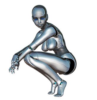 Female Robot Crouching Pose PNG Image