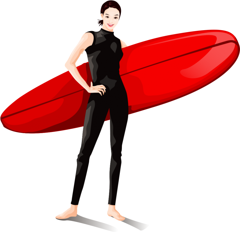 Female Surfer With Red Board PNG Image