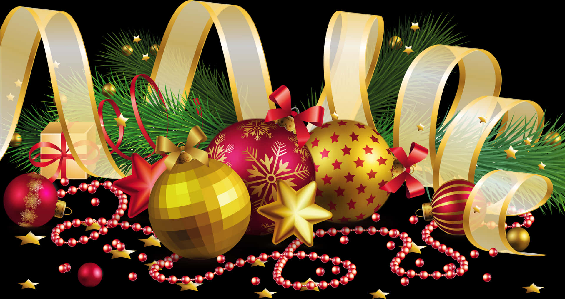 Festive Christmas Ornamentsand Ribbons PNG Image