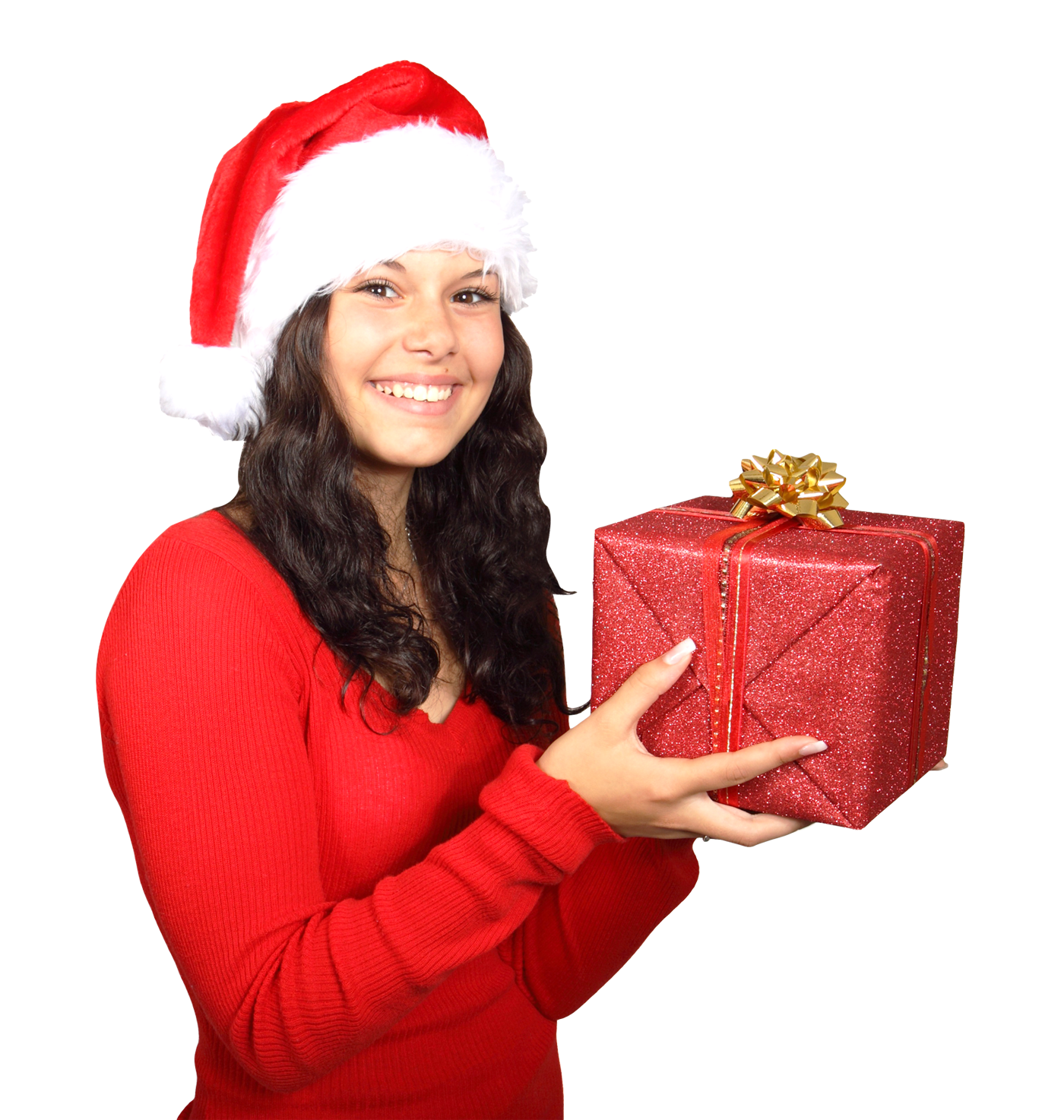 Festive Woman Holding Christmas Gift PNG Image