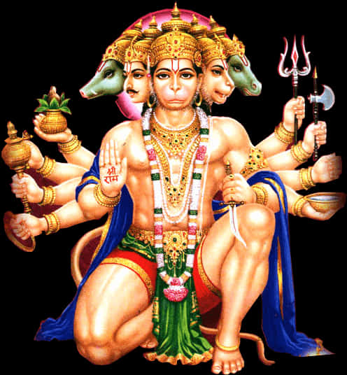 Five Faced Hanuman Deity Art PNG Image