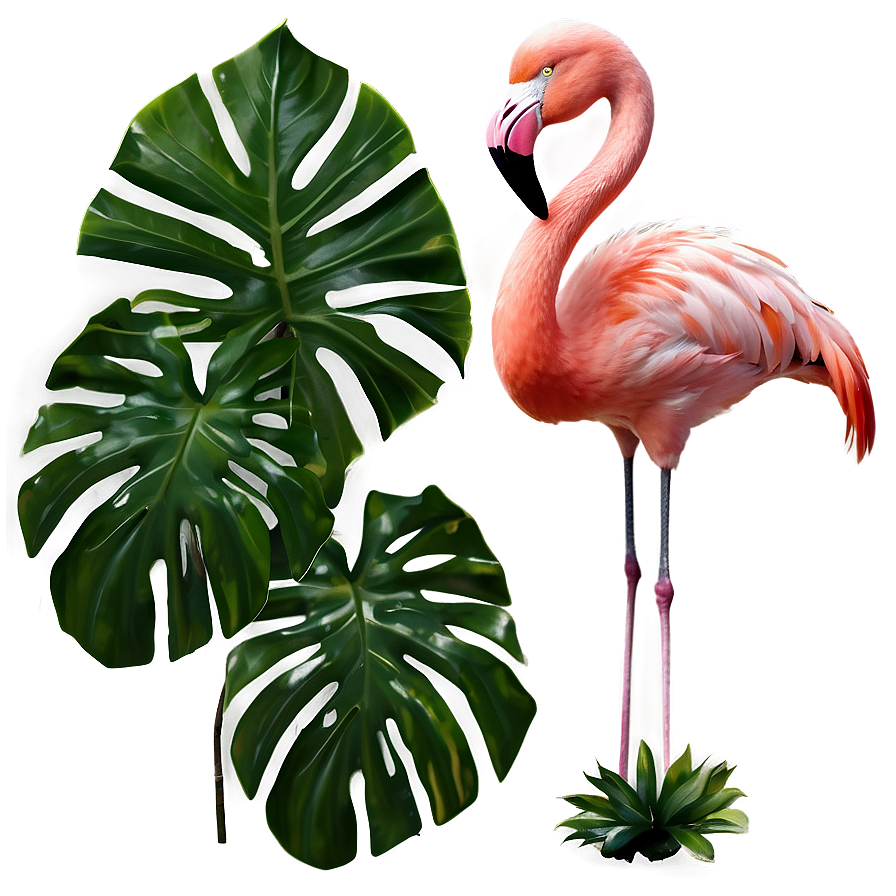 Flamingo And Tropical Leaves Png Ljn PNG Image