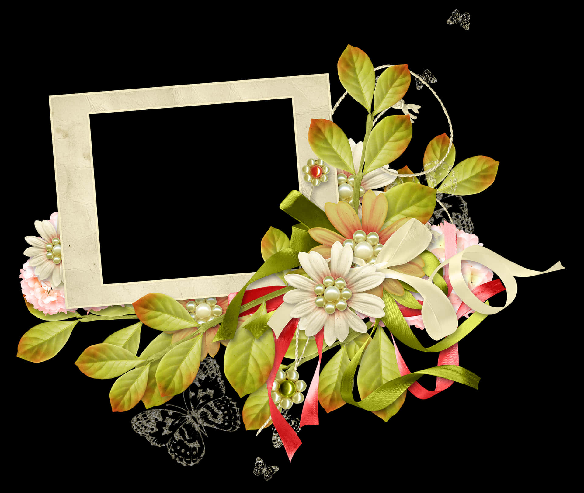 Floral Decorated Frameon Black Background PNG Image