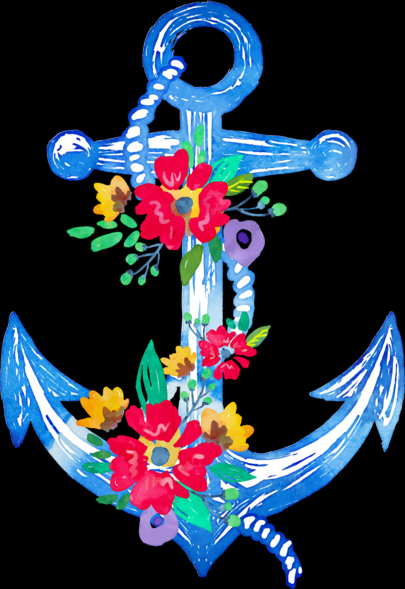 Floral Decorated Nautical Anchor PNG Image