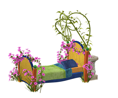 Floral Fantasy Bed Illustration PNG Image