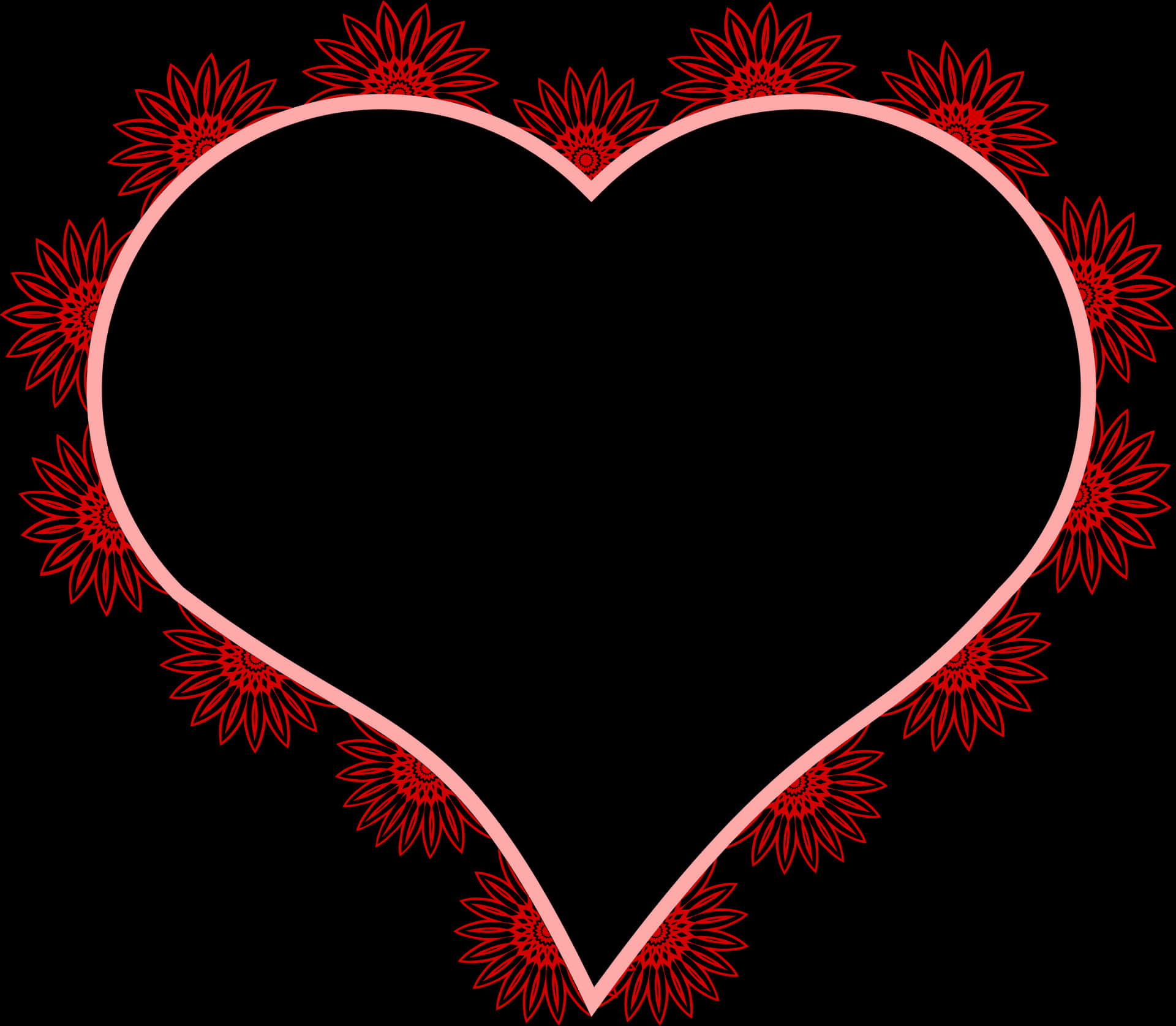 Floral Outlined Hearton Black Background PNG Image