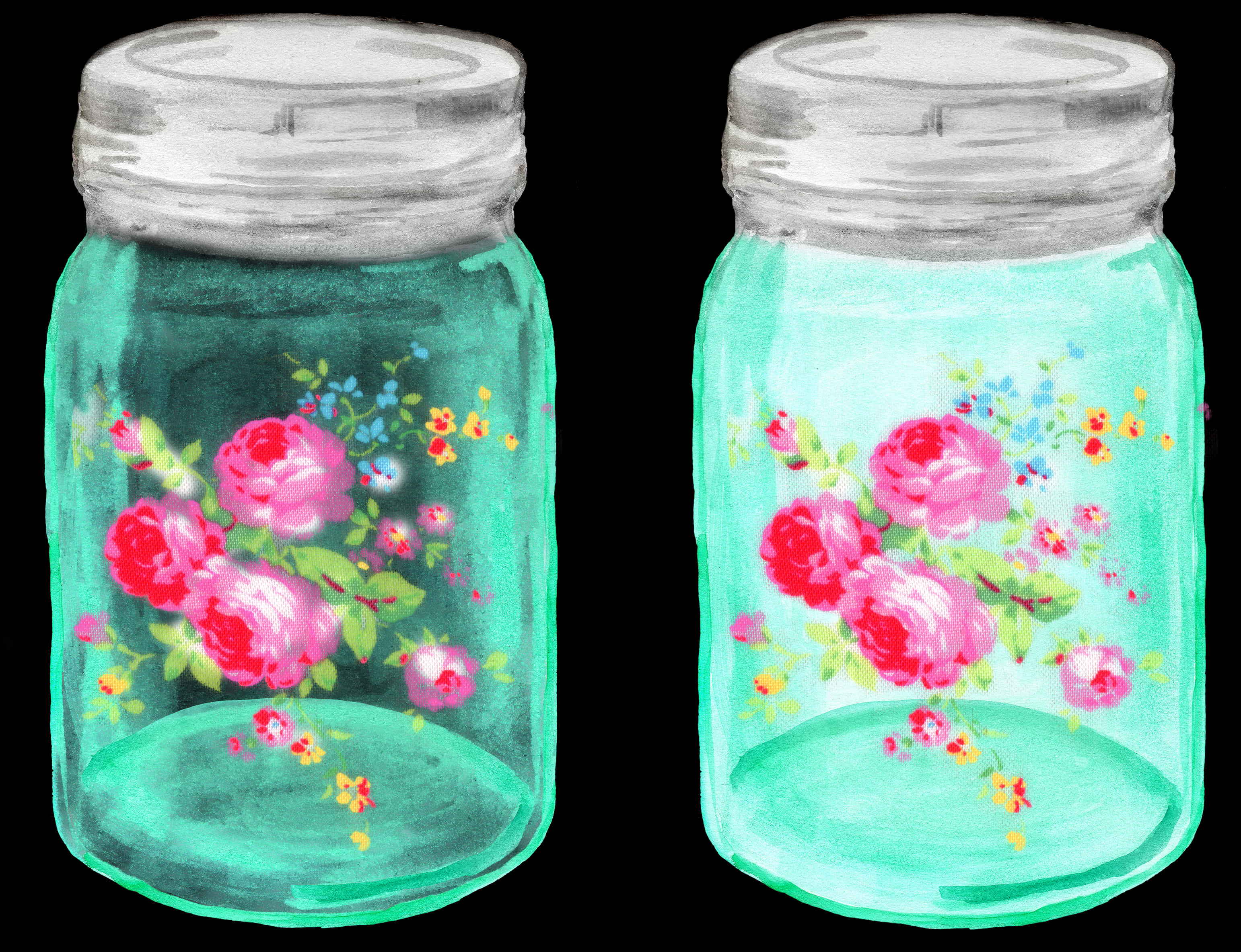 Floral Painted Glass Jars PNG Image