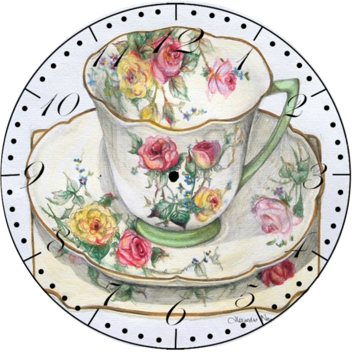 Floral Teacup Clock Illustration PNG Image