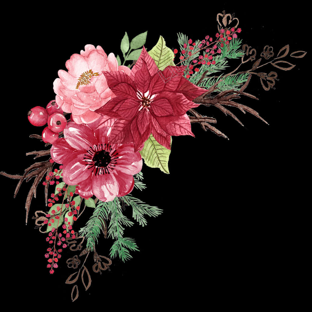 Floral Watercolor Arrangementon Black PNG Image