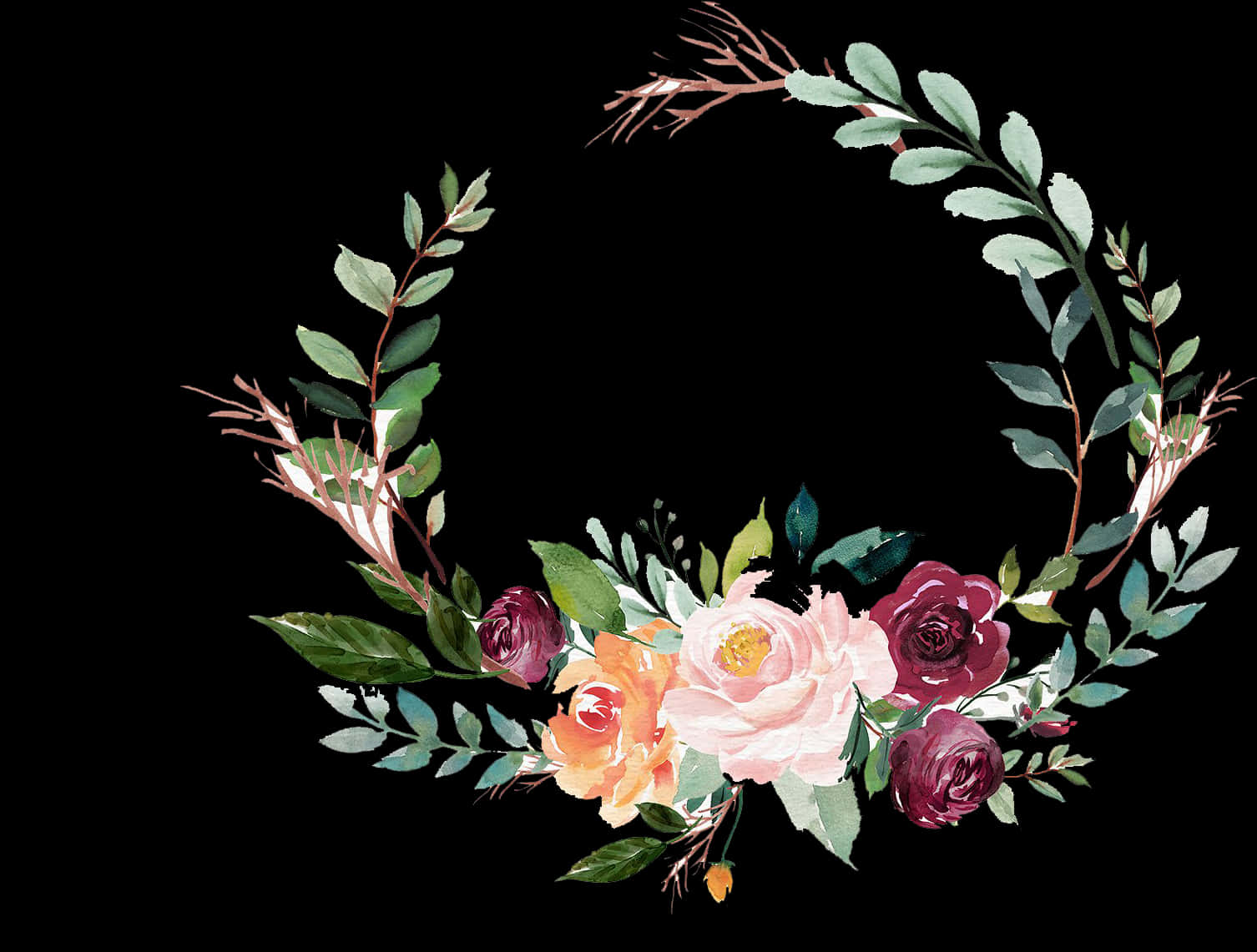 Floral_ Wreath_ Artwork_on_ Black_ Background.jpg PNG Image