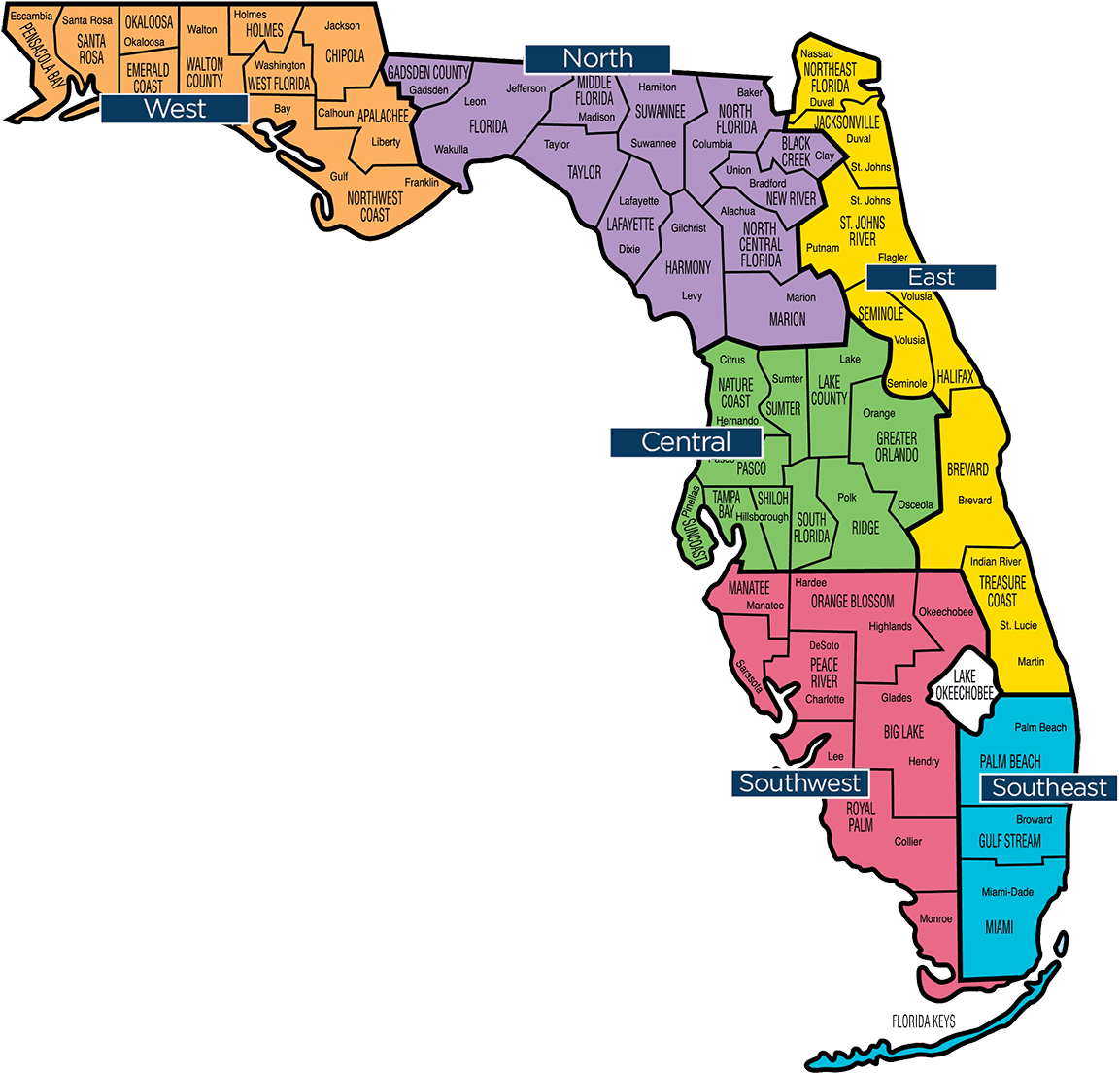 Florida Regional Map Color Coded PNG Image