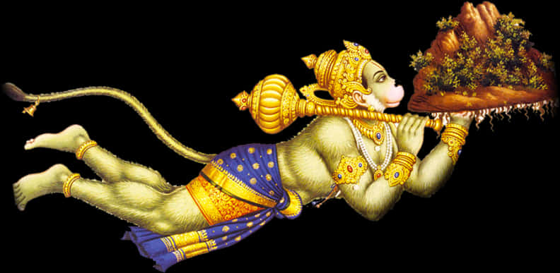 Flying Hanuman Carrying Mountain PNG Image