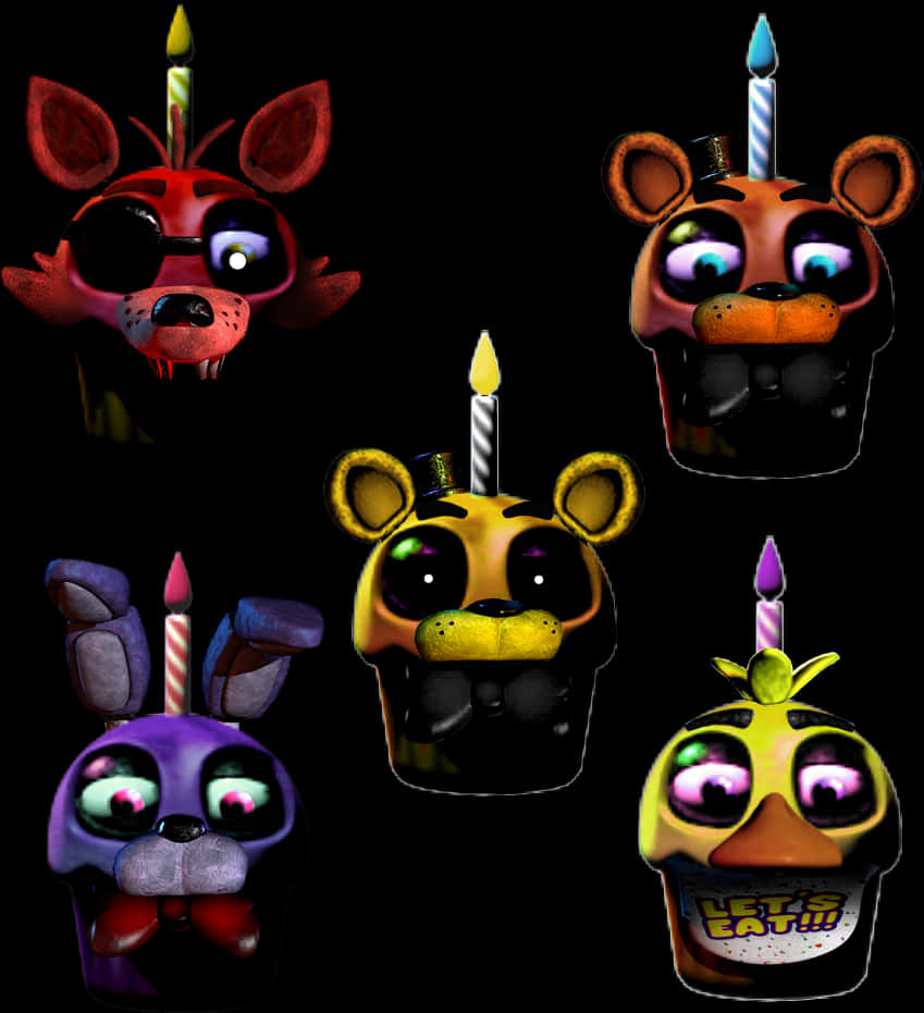 Fnaf_ Animated_ Character_ Heads_with_ Birthday_ Candles PNG Image