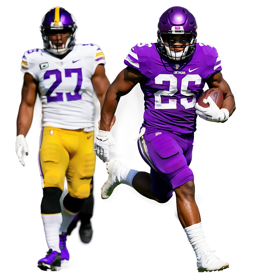 Football Playersin Action Purpleand Yellow Uniforms PNG Image