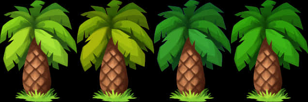 Four Cartoon Palm Trees Row PNG Image