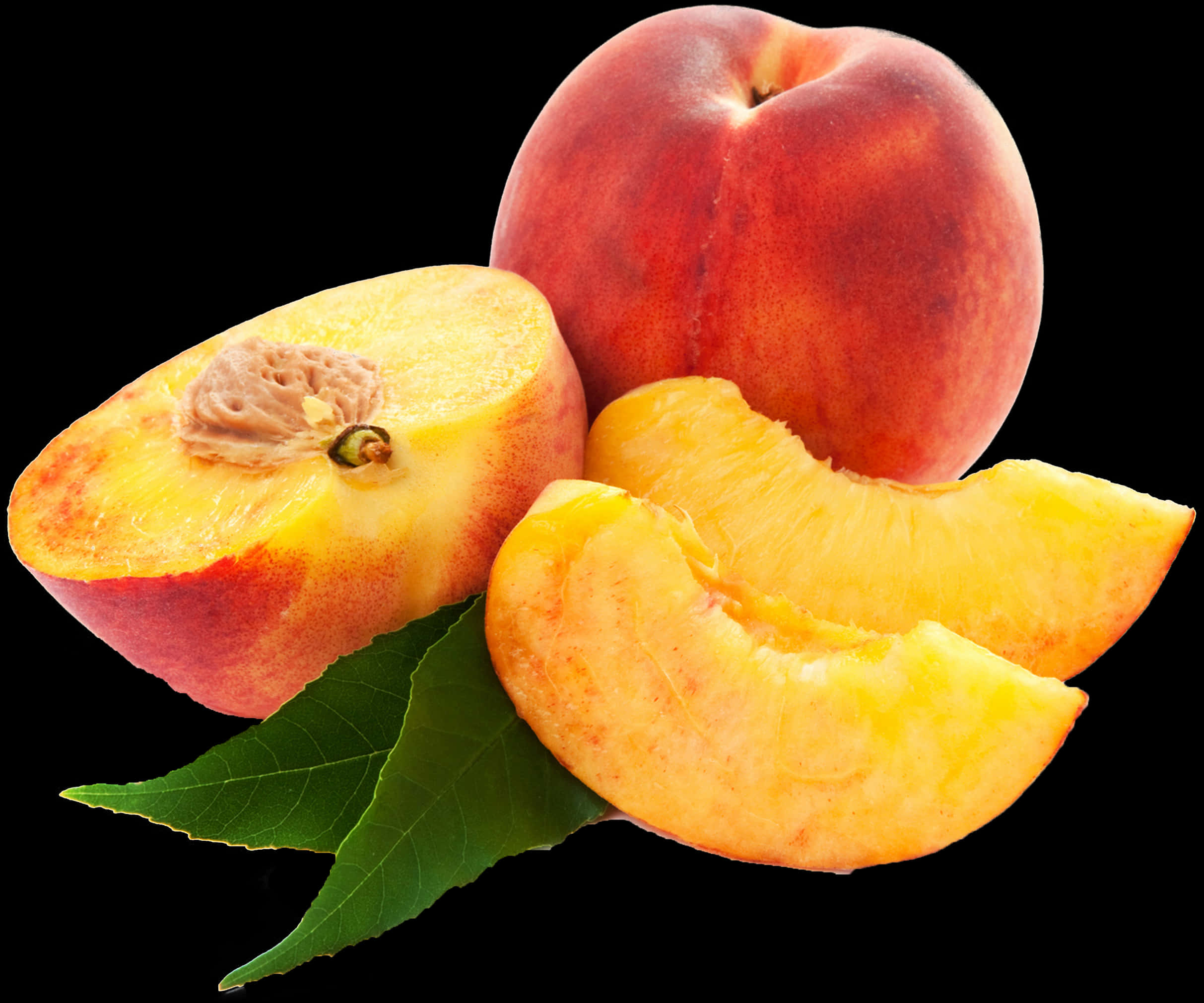 Fresh Peachand Slices Black Background PNG Image