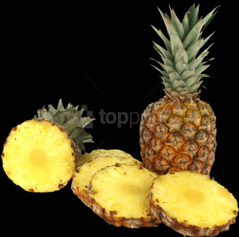 Fresh Pineappleand Slices Black Background PNG Image