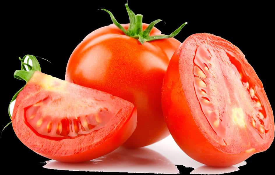 Fresh Tomatoand Sliceson Black Background PNG Image