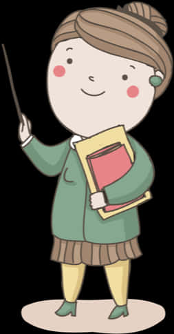 Friendly Cartoon Teacher Holding Bookand Pointer PNG Image