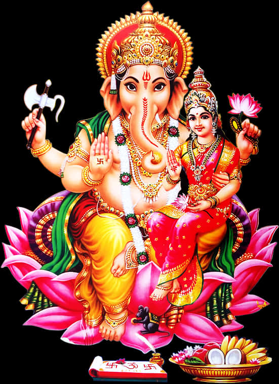 Ganeshaand Lakshmion Lotus PNG Image