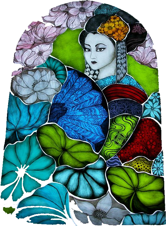 Geisha Among Floral Patterns PNG Image