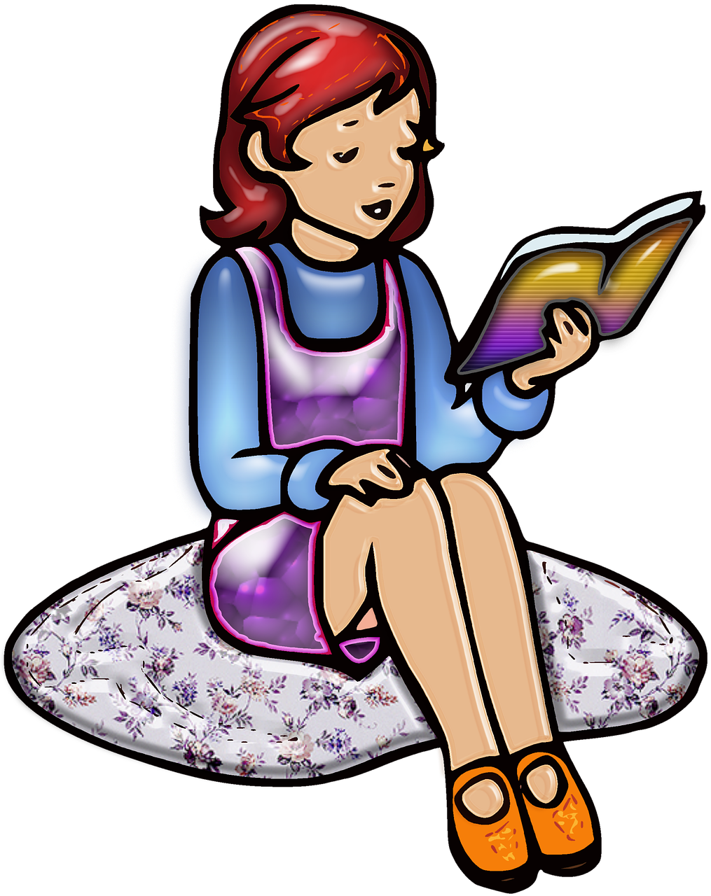 Girl Reading Book Illustration PNG Image