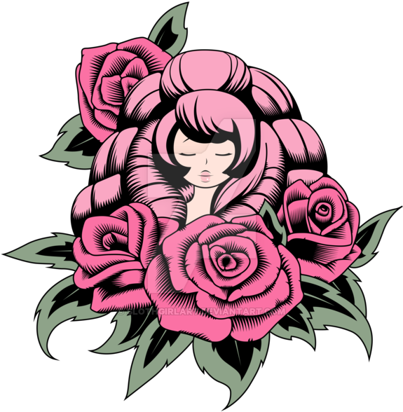 Girl Surrounded By Roses Art PNG Image