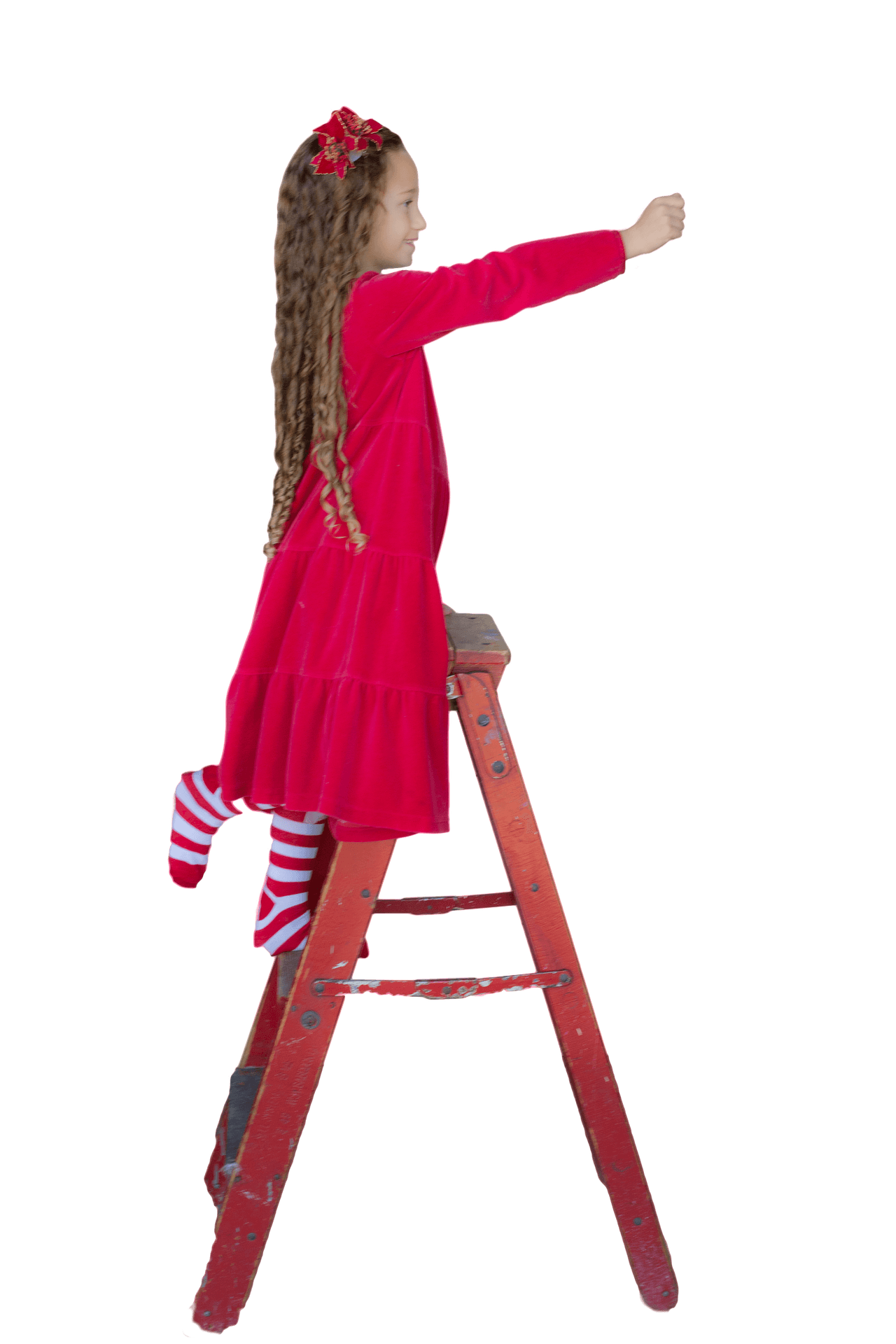 Girlin Red Christmas Dresson Ladder PNG Image