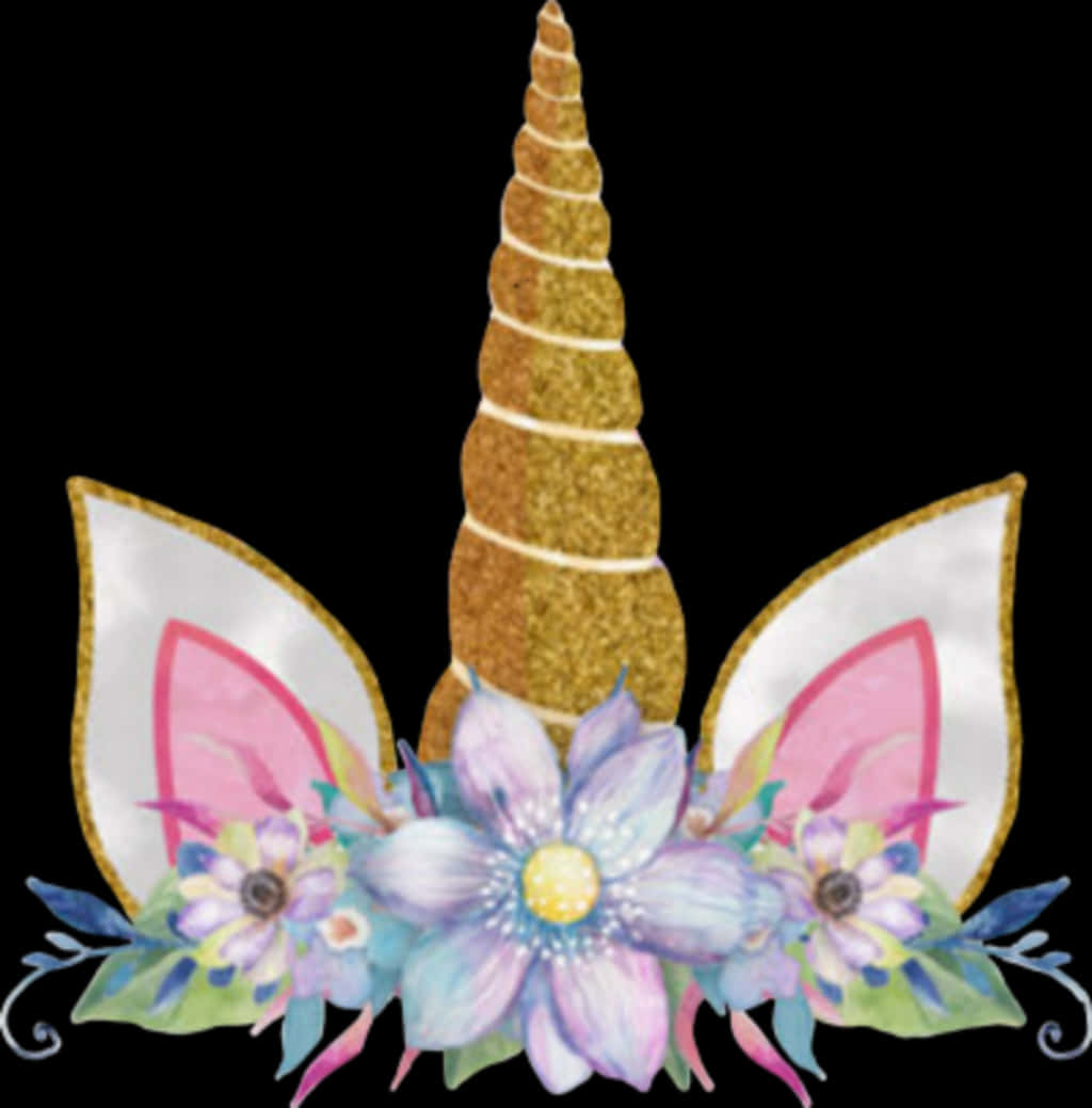 Glittery Unicorn Hornand Earswith Flowers PNG Image