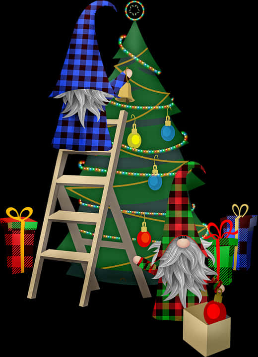 Gnomes Decorating Christmas Tree PNG Image