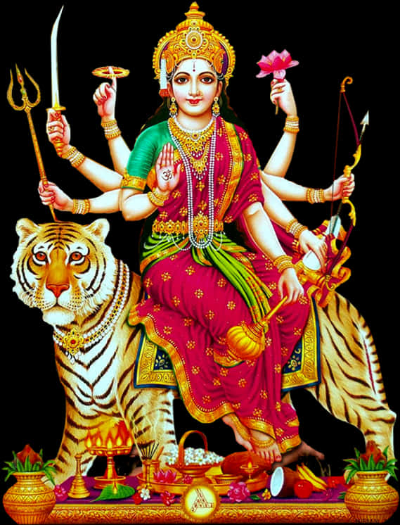 Goddess_with_ Four_ Arms_and_ Tiger PNG Image