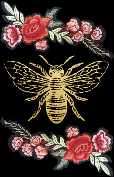 Golden Bee Floral Embroidery Tattoo Design PNG Image