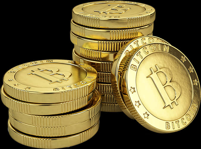 Golden Bitcoin Coins Stacked PNG Image