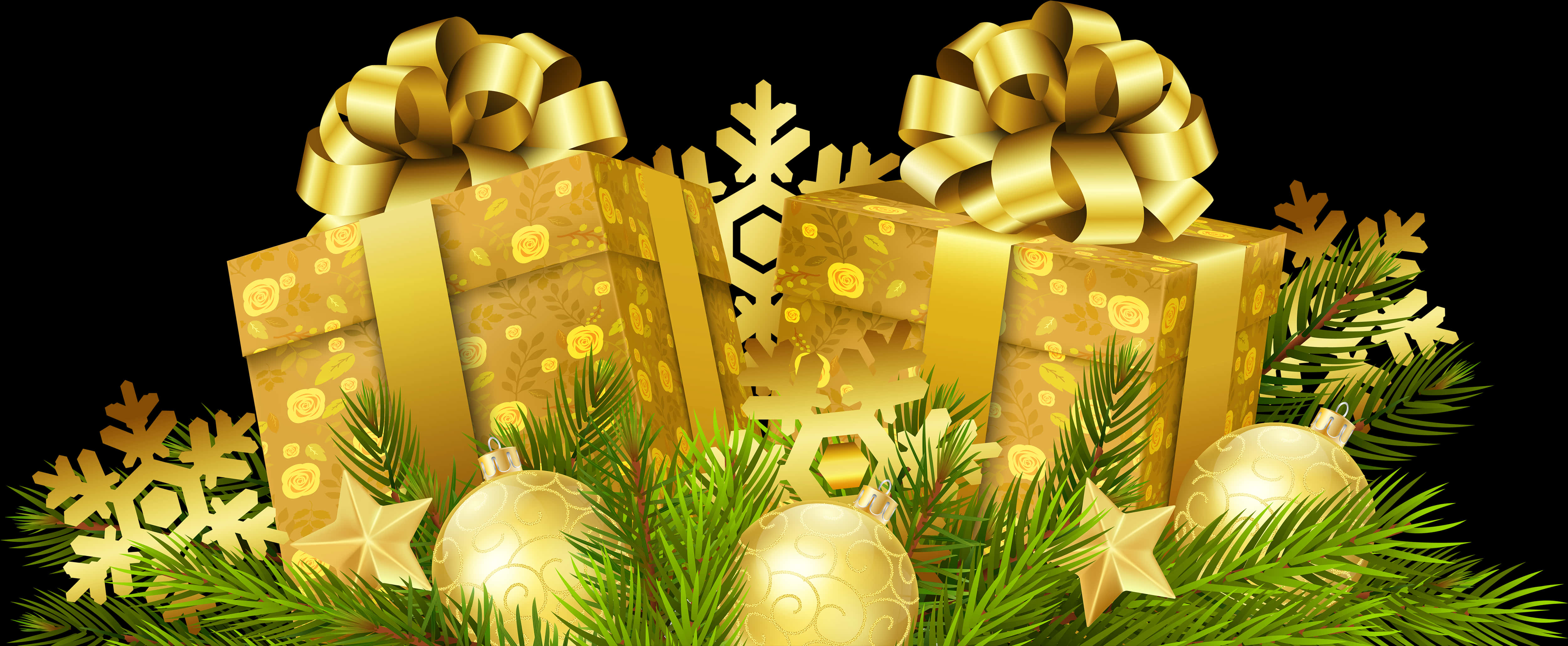 Golden Christmas Giftsand Decorations PNG Image