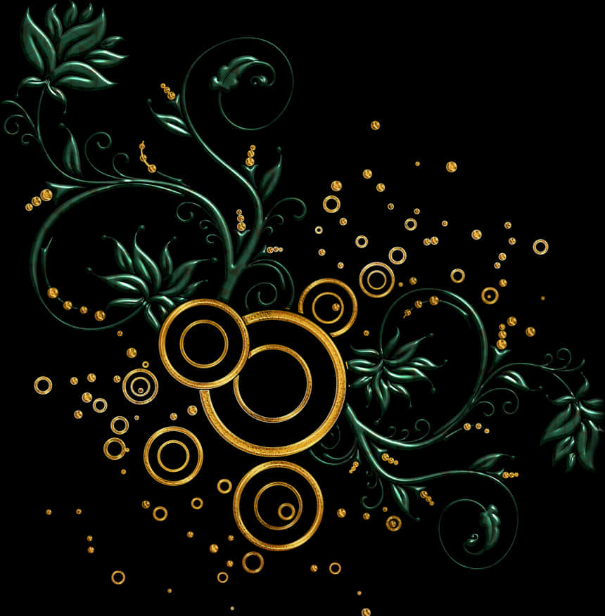 Golden Floral Designon Black Background PNG Image