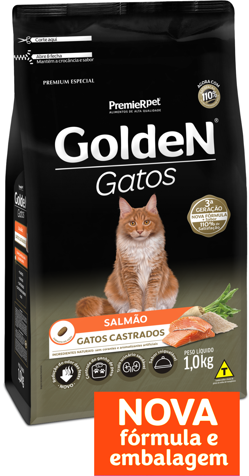 Golden Gatos Cat Food Package Salmon Flavor PNG Image