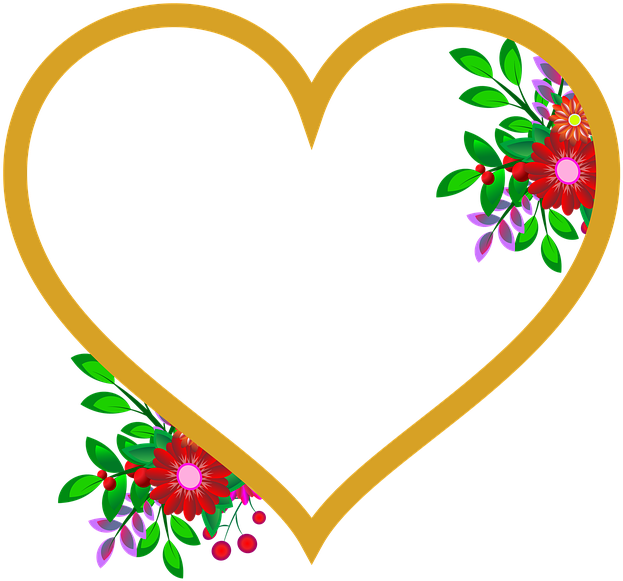 Golden Heart Floral Frame PNG Image