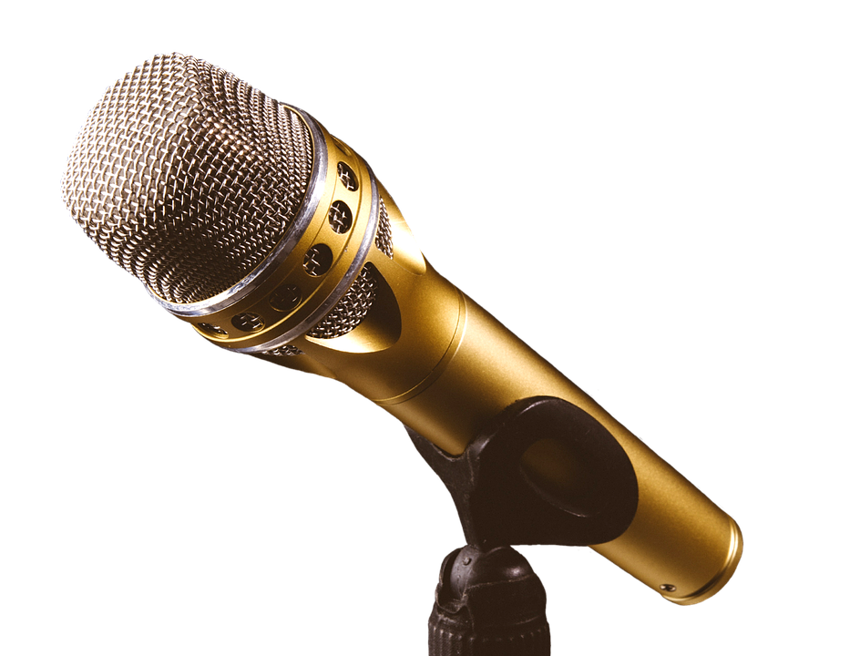 Golden Microphoneon Stand PNG Image