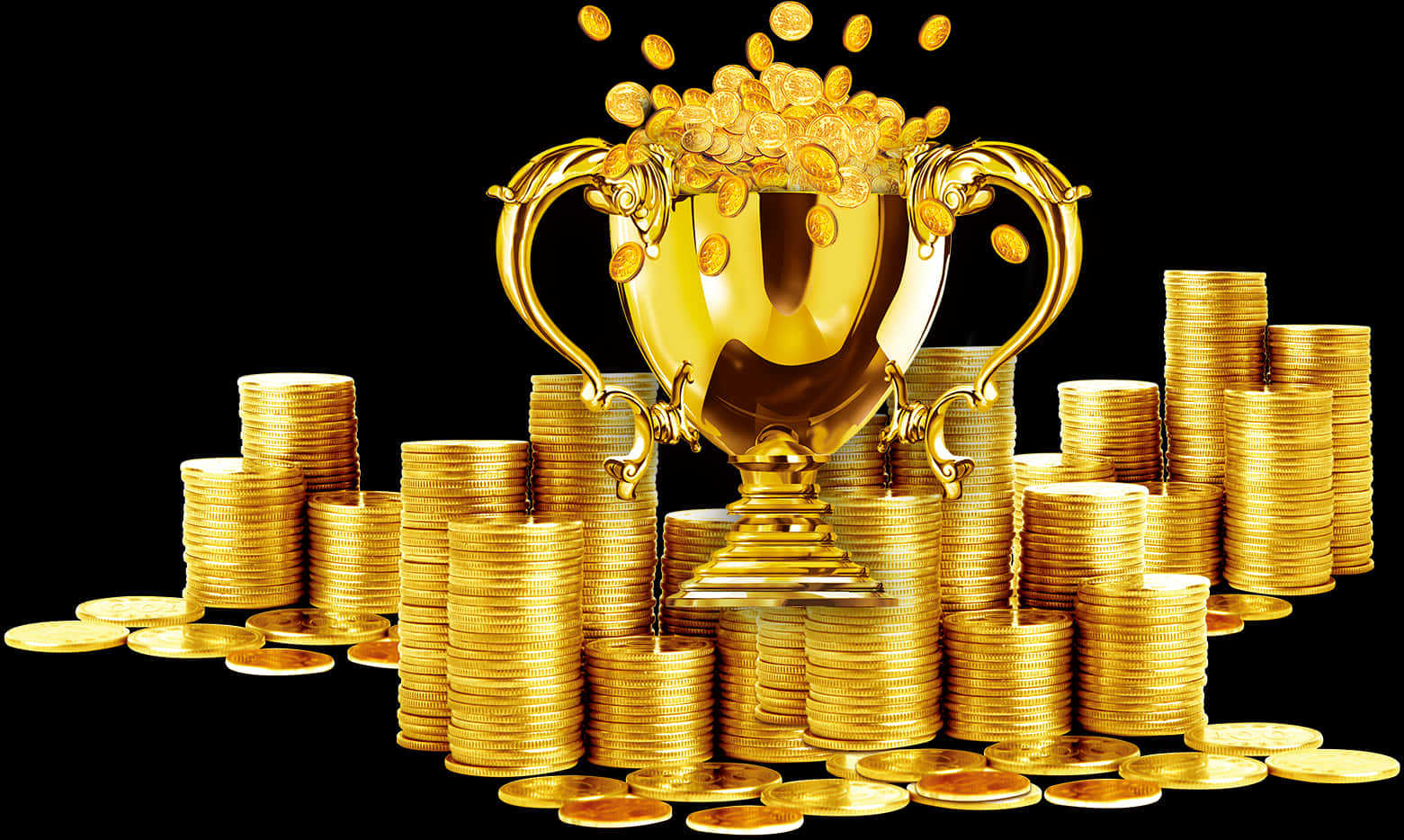 Golden Trophy Overflowing With Coins PNG Image