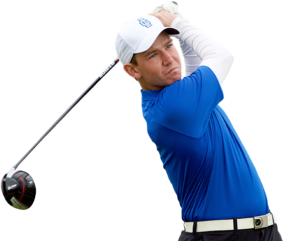 Golfer In Blue Swinging Club PNG Image