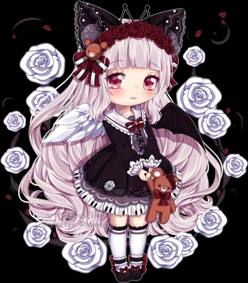 Gothic Lolita Chibi Girlwith Rosesand Teddy Bear PNG Image