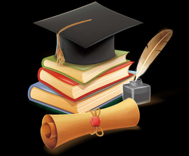 Graduation Cap Books Diploma Quill PNG Image